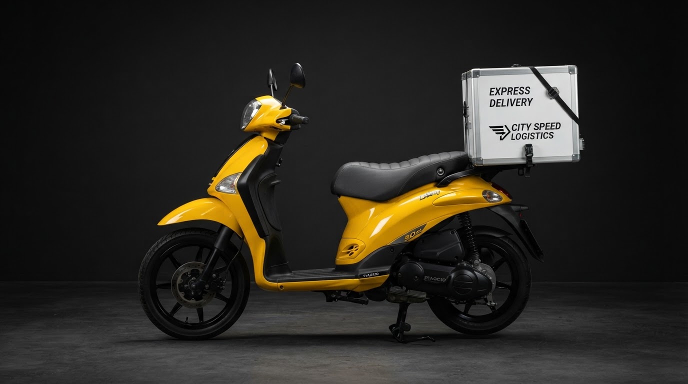 Yellow delivery scooter with cargo box